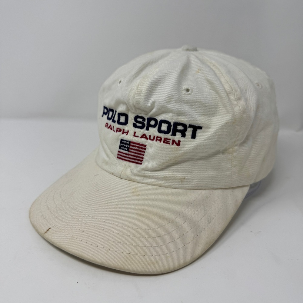 Vintage Polo Sport Ralph Lauren Mens Hat OSFA White Preowned Stains Flaws USA